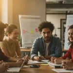 Líder de una pequeña empresa colaborando con su equipo en una mesa redonda, fomentando un ambiente de creatividad y respeto mutuo.