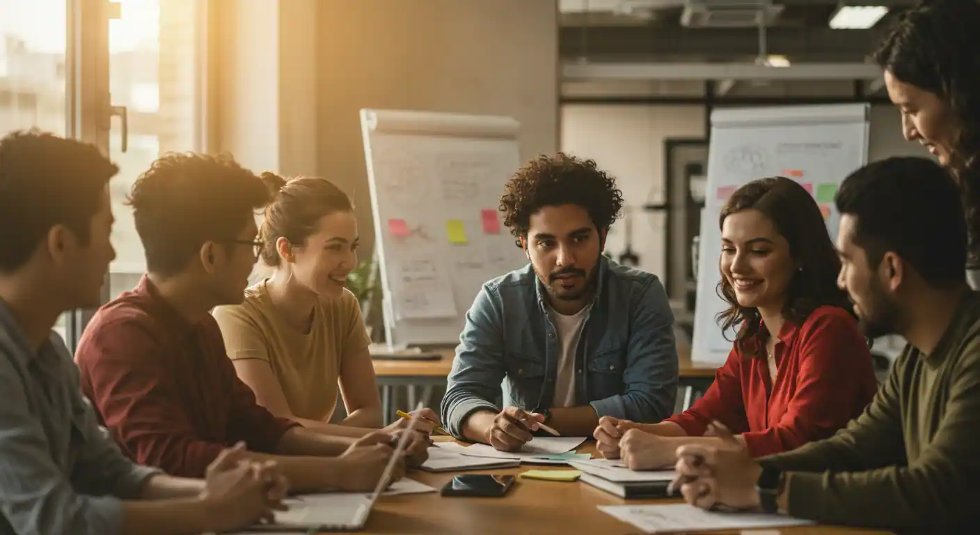 Líder de una pequeña empresa colaborando con su equipo en una mesa redonda, fomentando un ambiente de creatividad y respeto mutuo