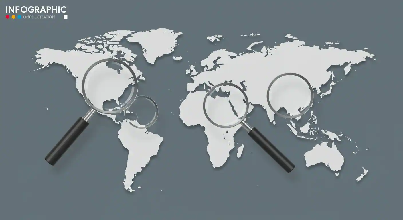 Mapa del mundo con lupas de análisis sobre USA, España y México, simbolizando la investigación de mercados locales y análisis competitivo regional