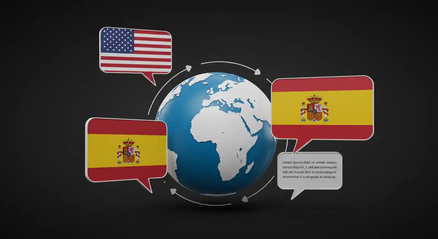 Mapa del mundo con iconos de bocadillos de chat sobre diferentes regiones de habla hispana, simbolizando la comunicación adaptada por región cultural