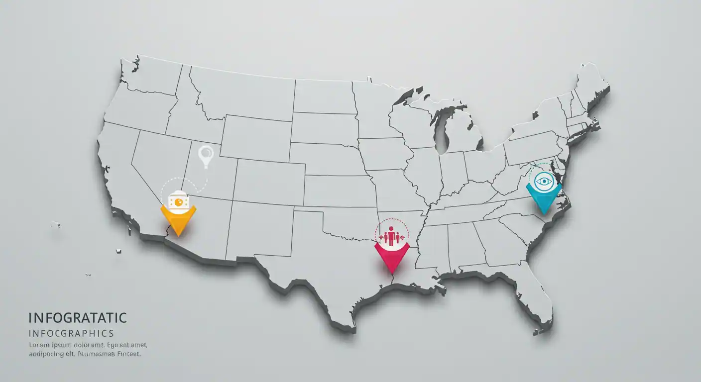 Mapa de Estados Unidos destacando los estados con mayor población latina como Florida, Texas y California