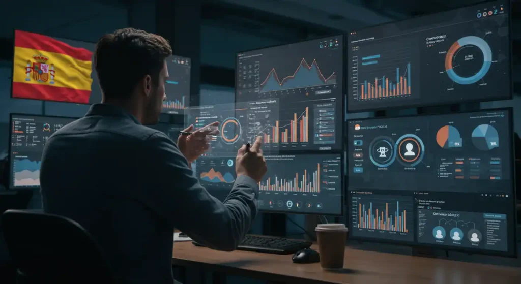 Empresario español analizando métricas de marketing digital en pantalla con datos de España y gráficos de crecimiento