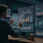 Empresario español analizando métricas de marketing digital en pantalla con datos de España y gráficos de crecimiento