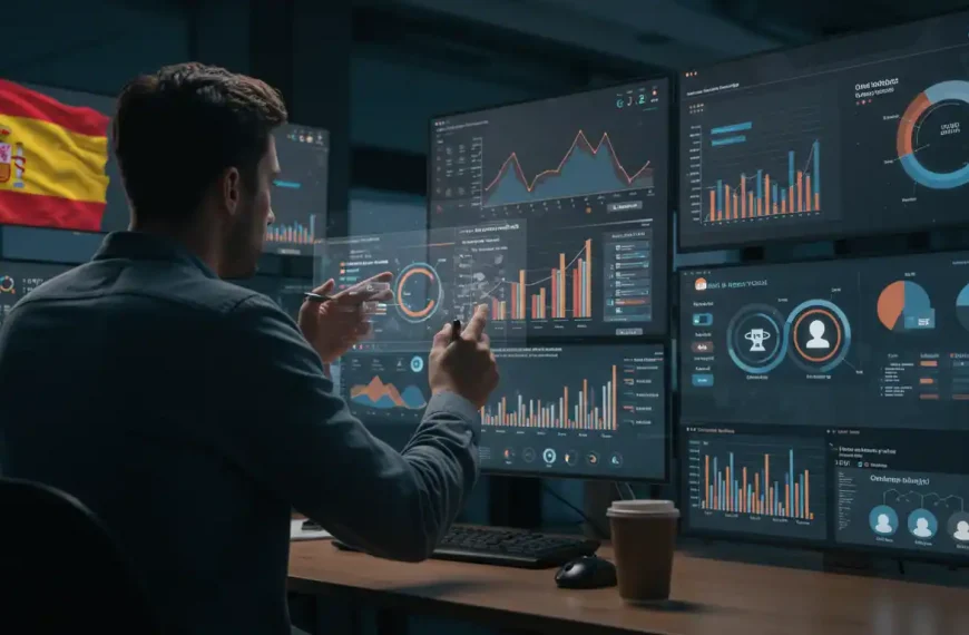 Empresario español analizando métricas de marketing digital en pantalla con datos de España y gráficos de crecimiento