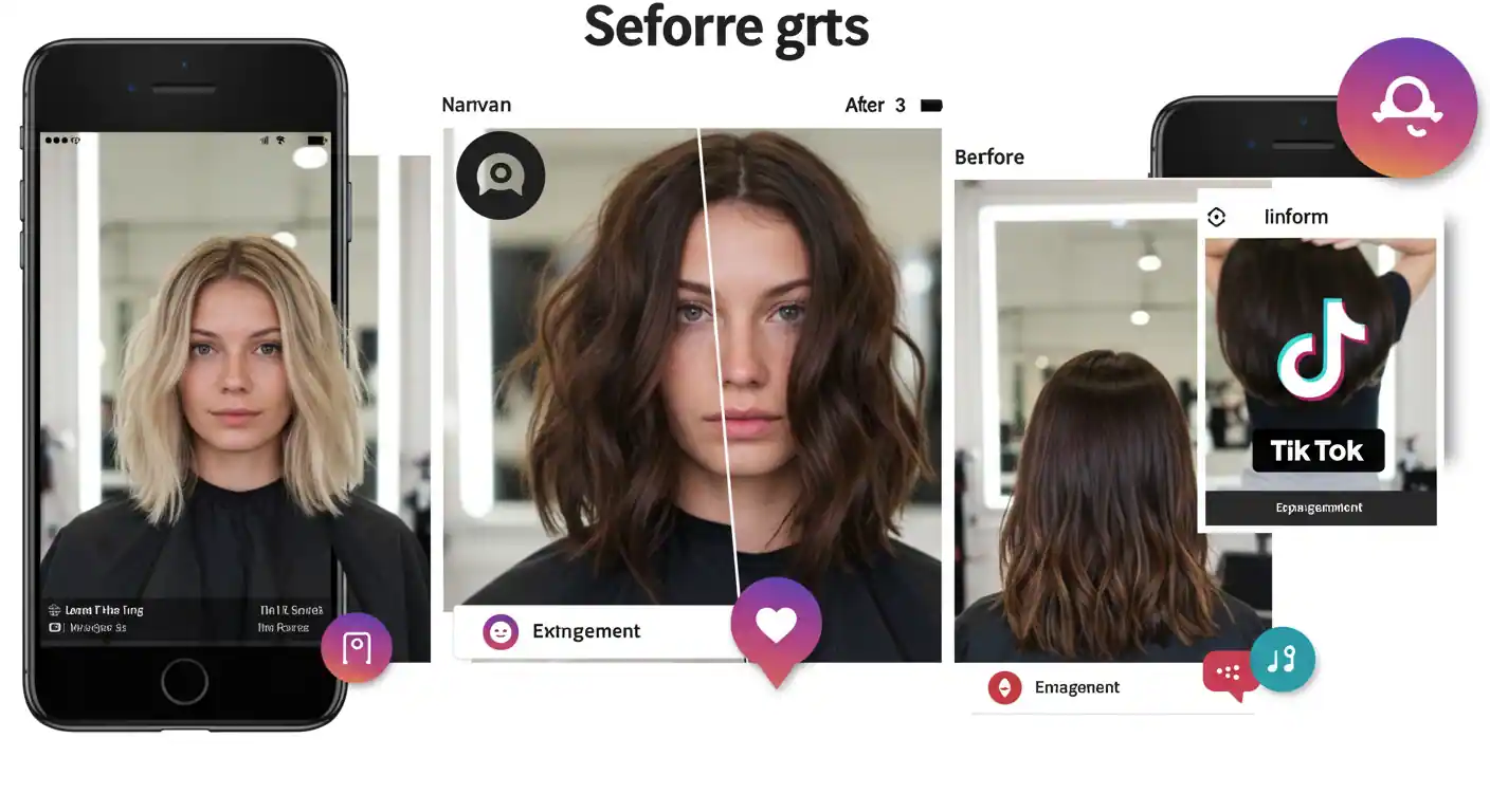 Antes y después de transformación en salón de belleza con elementos de redes sociales