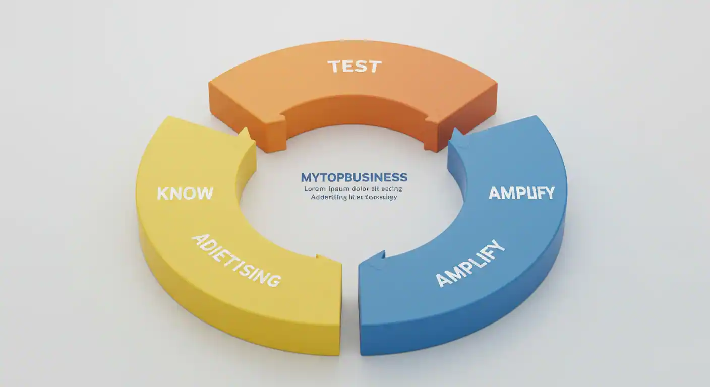 Circular diagram showing the 3-step MiNegocioTop method for advertising: Target, Optimize, Scale
