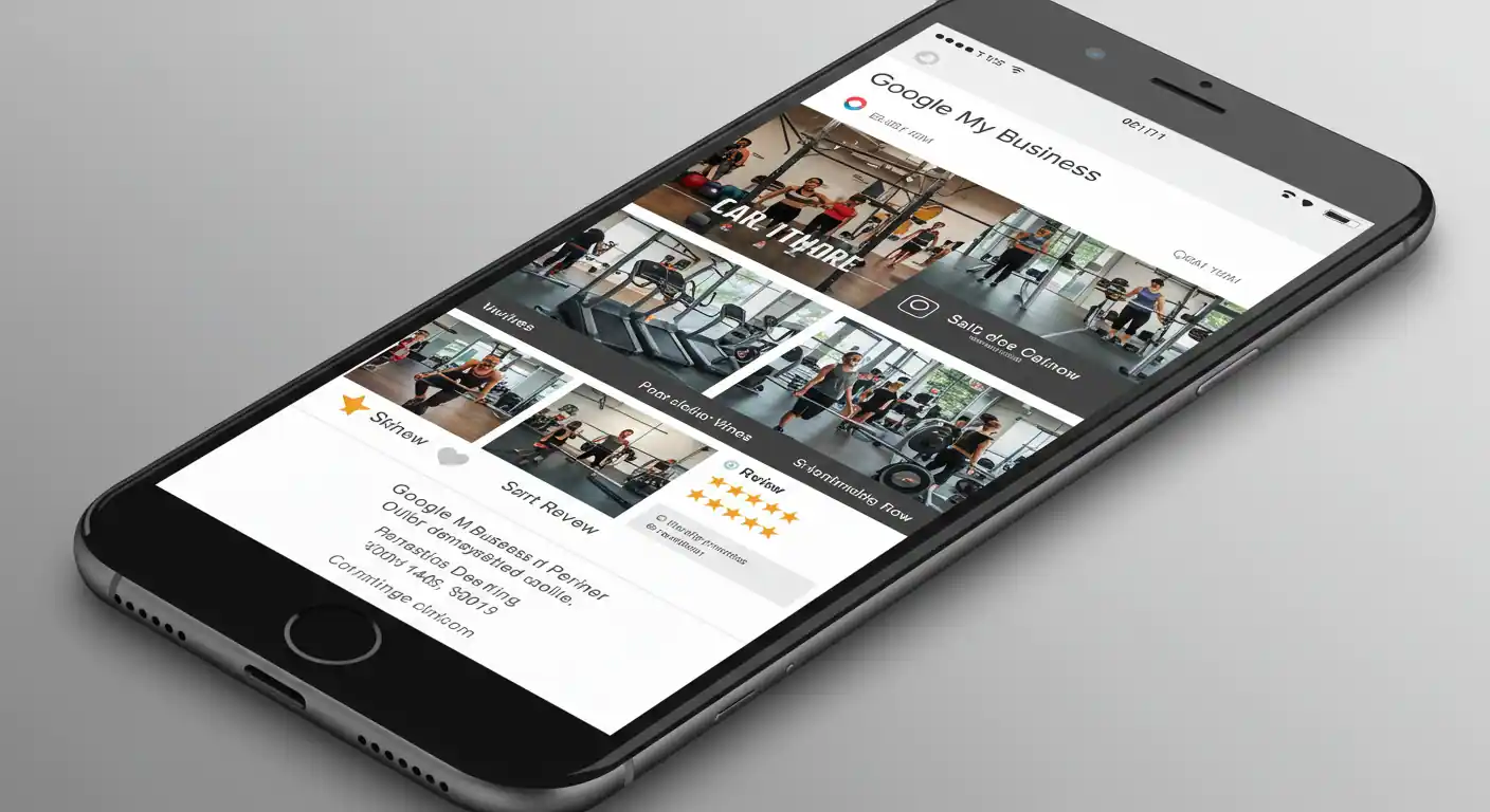 Pantalla móvil mostrando perfil optimizado de Google Mi Negocio para gimnasio con fotos y reseñas