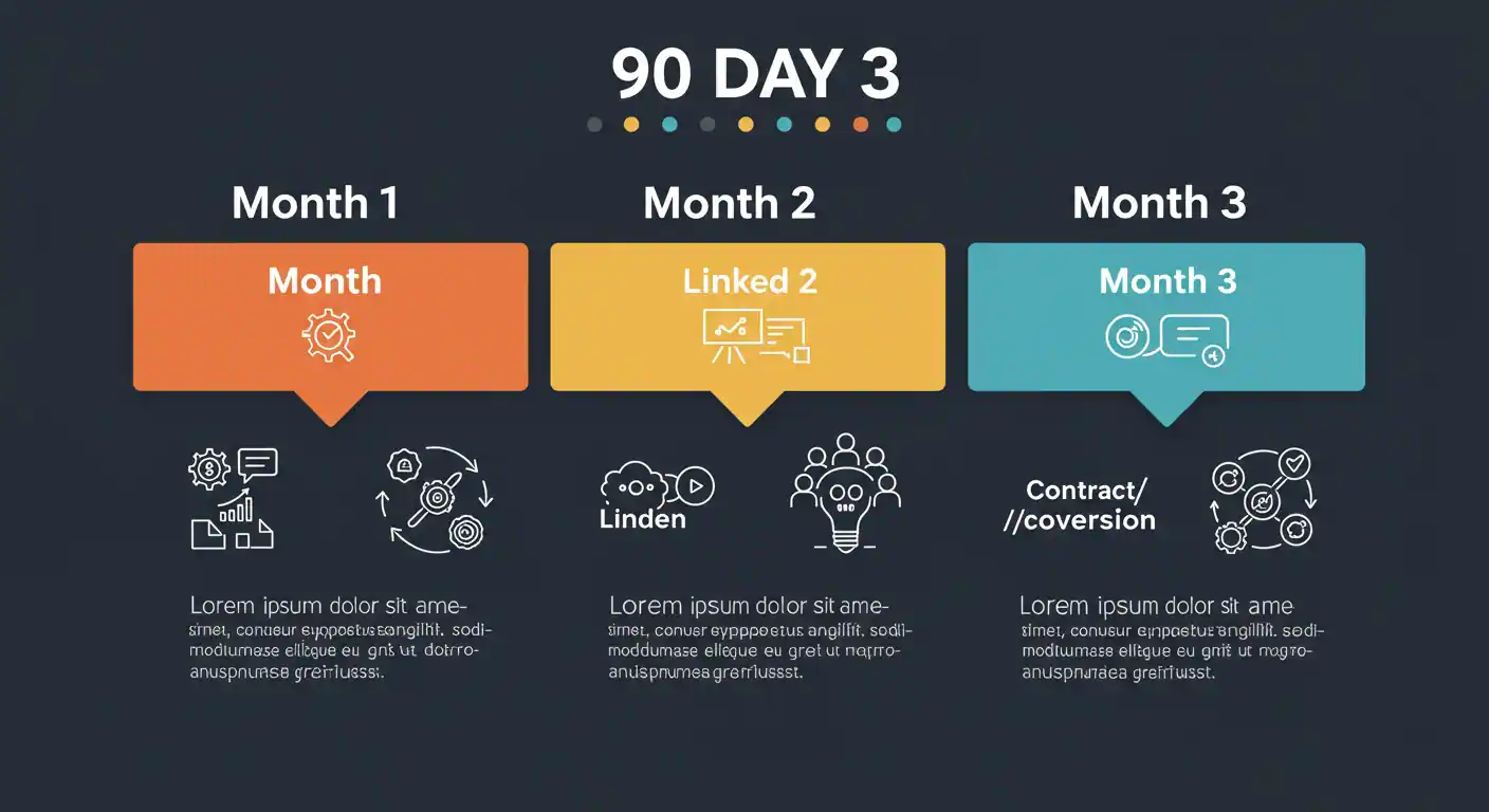 Dashboard futurista mostrando plan de 90 días integrado con IA, automatización y métricas predictivas para servicios profesionales