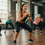 Grupo diverso entrenando en gimnasio moderno con instructor motivando durante clase fitness