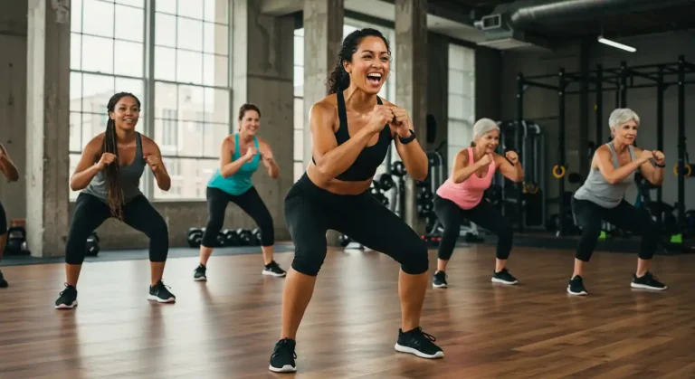 Grupo diverso entrenando en gimnasio moderno con instructor motivando durante clase fitness
