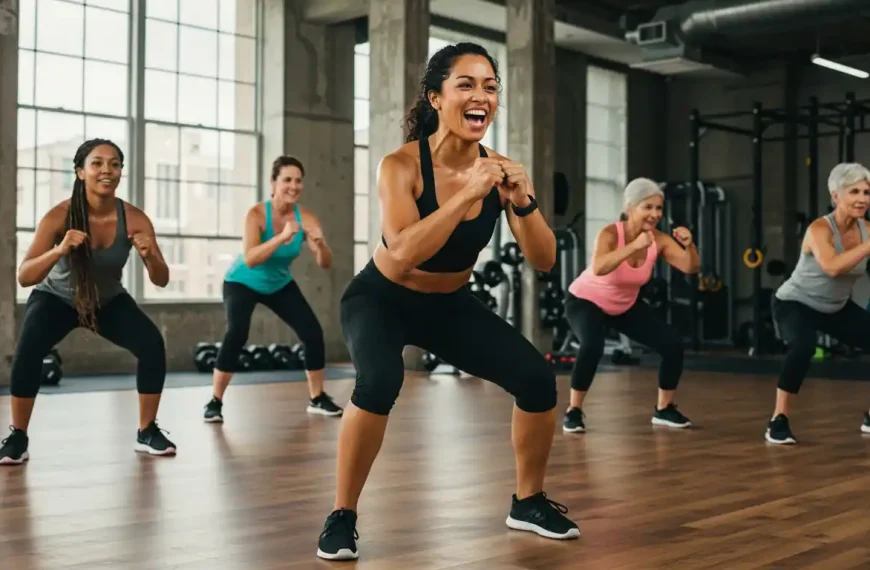 Grupo diverso entrenando en gimnasio moderno con instructor motivando durante clase fitness