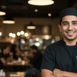 Un dueño de restaurante sonriendo con confianza, con su local lleno de clientes felices en el fondo
