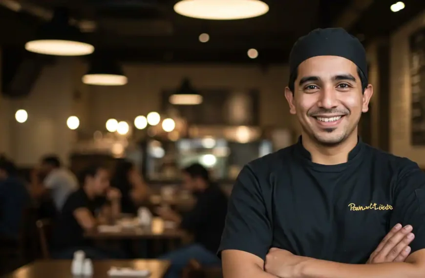 Un dueño de restaurante sonriendo con confianza, con su local lleno de clientes felices en el fondo