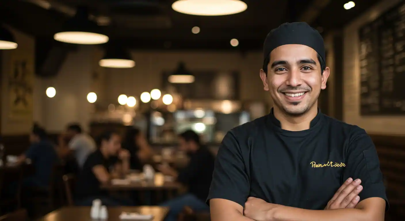 Un dueño de restaurante sonriendo con confianza, con su local lleno de clientes felices en el fondo