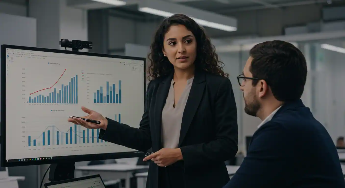 Consultor profesional utilizando IA para presentar estrategia de crecimiento automatizada a clientes de alto valor en oficina moderna 2025