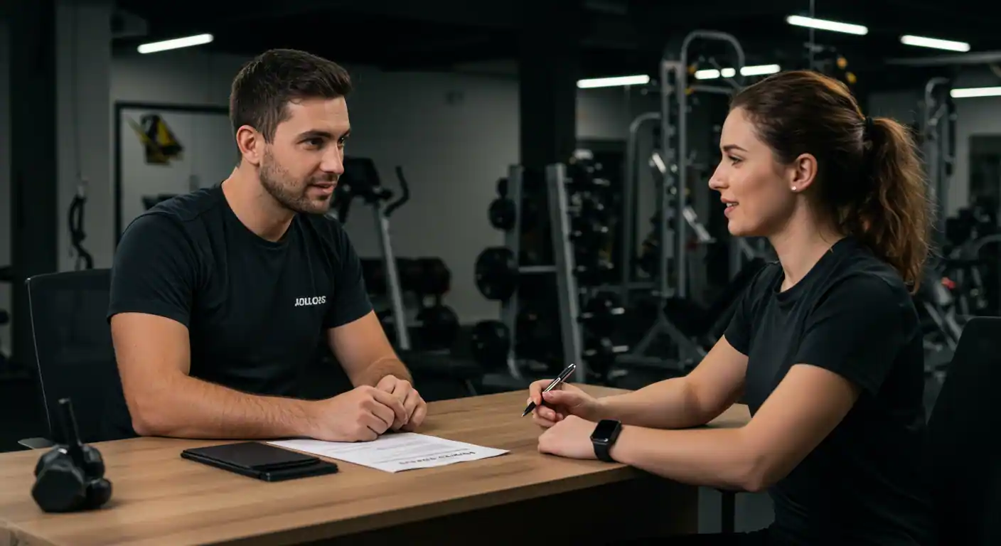 Entrenador español realizando sesión de bienvenida personalizada con nuevo miembro del gimnasio