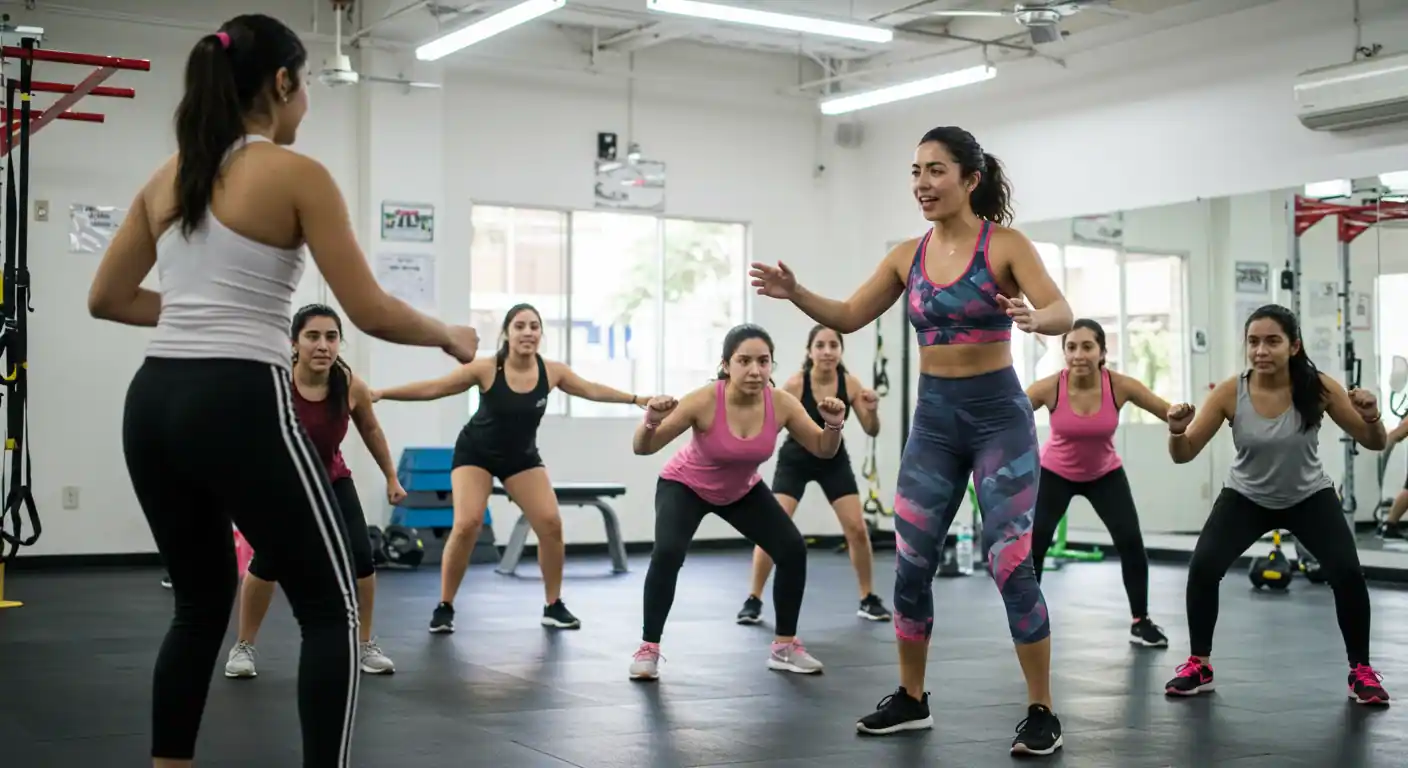 Entrenador certificado enseñando ejercicios funcionales a grupo de adolescentes mexicanos