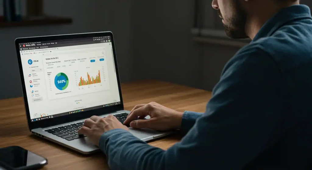 Un empresario manejando un panel de control de Meta Ads en su laptop, convirtiendo una pequeña inversión en un gran retorno de la inversión (ROI)