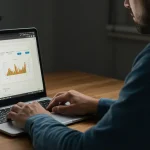 Un empresario manejando un panel de control de Meta Ads en su laptop, convirtiendo una pequeña inversión en un gran retorno de la inversión (ROI)