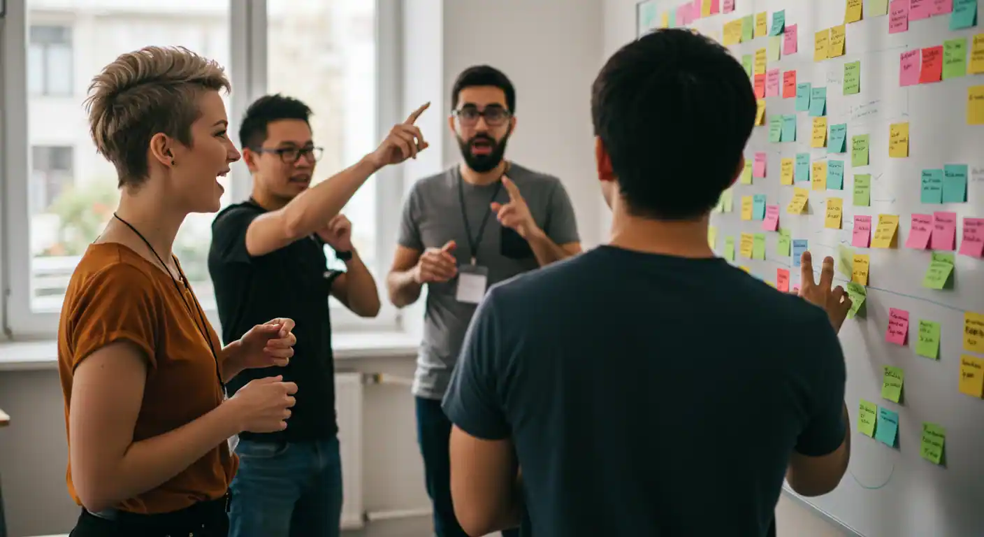 Small team doing standup meeting in front of Kanban board, dynamic and collaborative environment