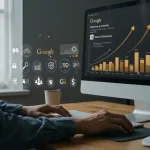 Empresario trabajando en estrategias SEO para empresa pequeña con gráficos de crecimiento en colores dorados