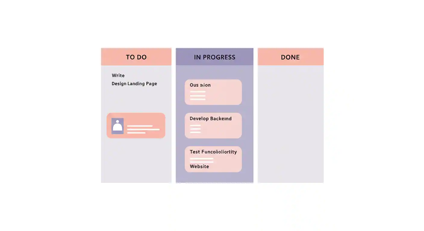 Example of basic Kanban board with three clearly labeled columns and example cards distributed