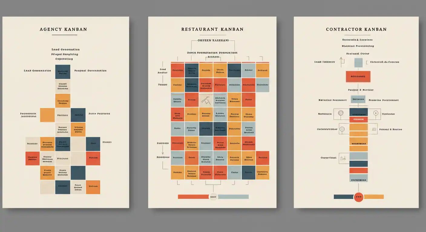 Three examples of personalized Kanban boards for agency, restaurant, and contractor with their specific columns
