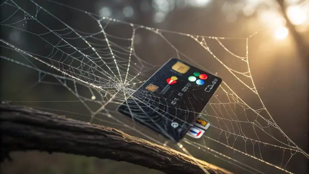 arjeta de crédito atrapada en una telaraña de logos de software, representando los gastos ocultos en suscripciones digitales para pequeñas empresas (PyMEs).