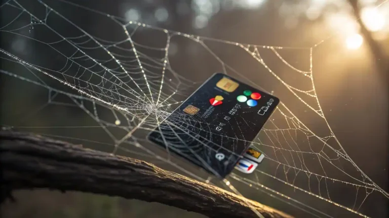 arjeta de crédito atrapada en una telaraña de logos de software, representando los gastos ocultos en suscripciones digitales para pequeñas empresas (PyMEs).