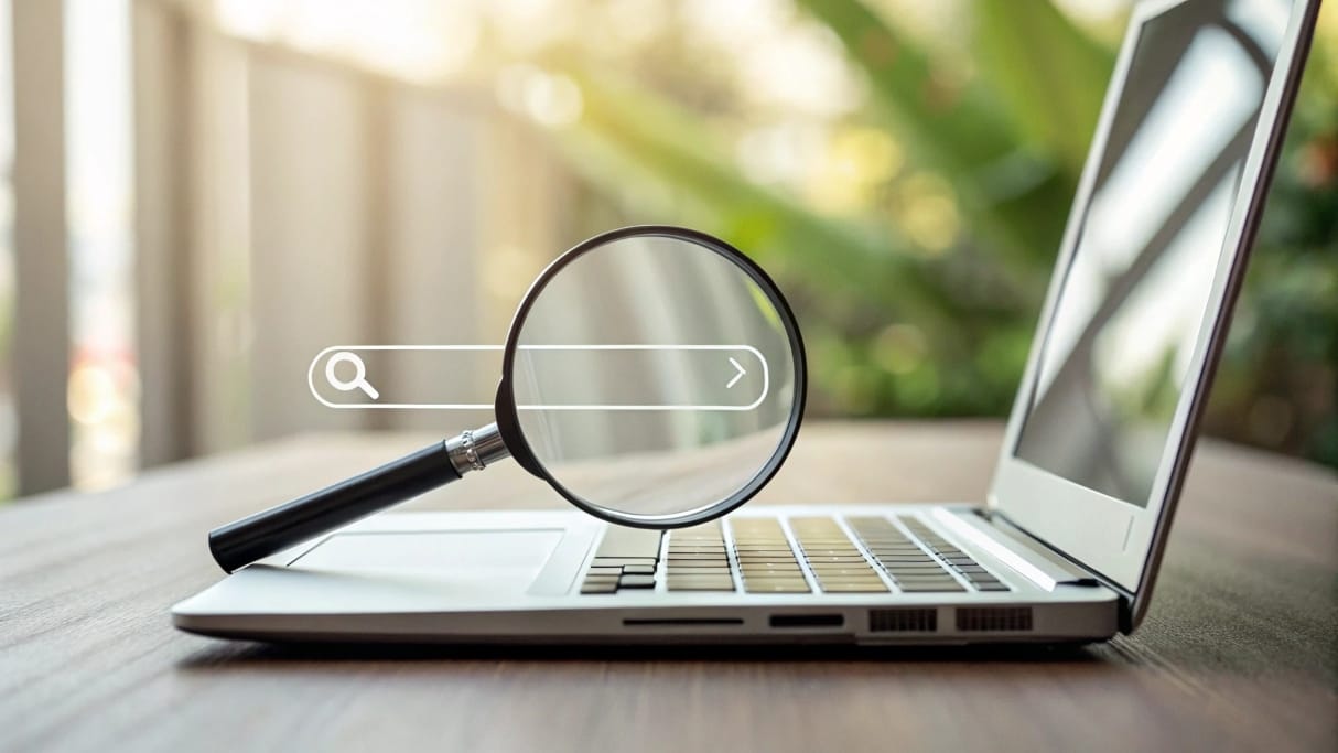 analisis-busquedas-internas-sitio-web Lupa enfocada sobre la barra de búsqueda de un sitio web, representando el análisis de las búsquedas internas para encontrar oportunidades de negocio.