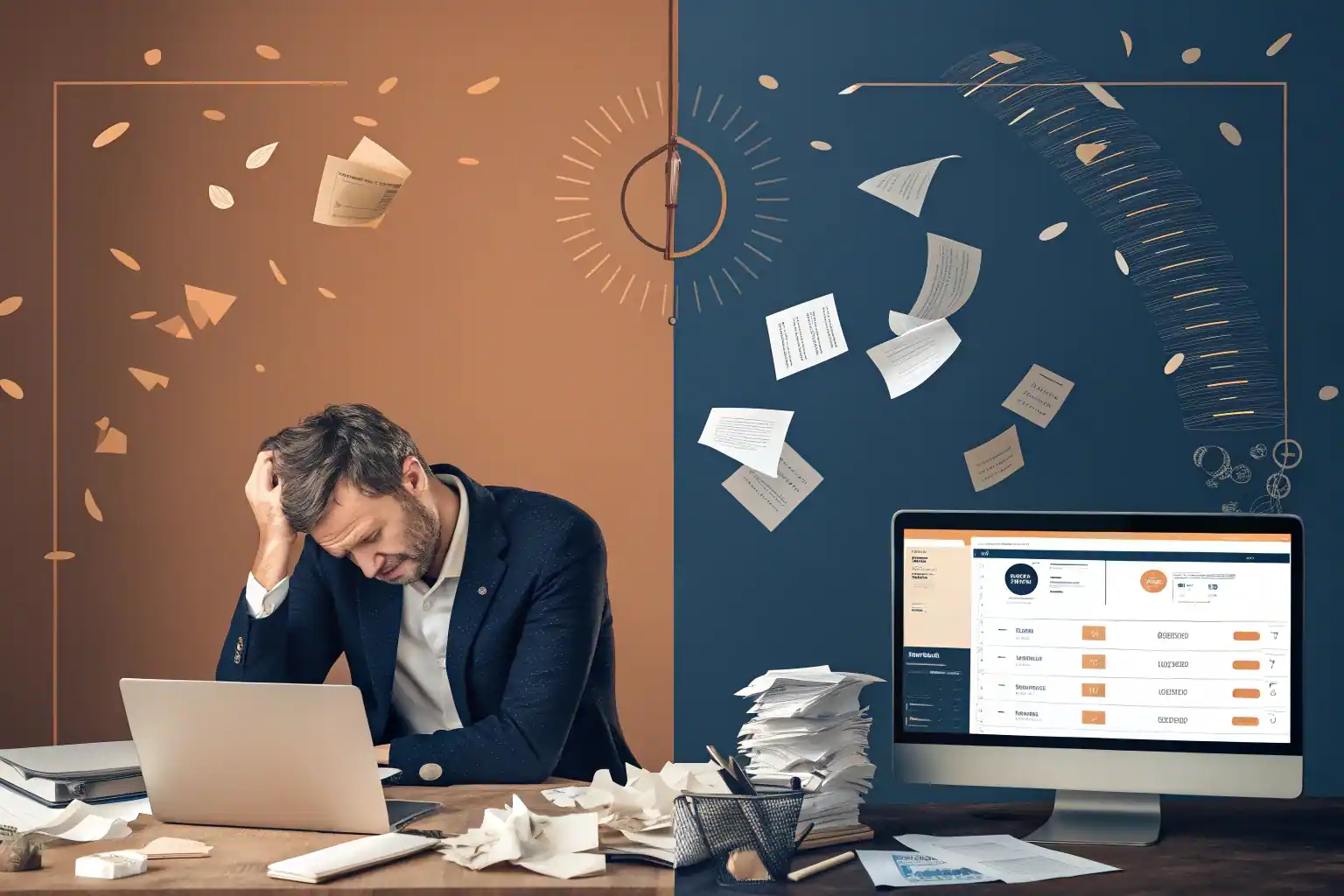 Contraste entre caos de información y claridad estratégica para negocios