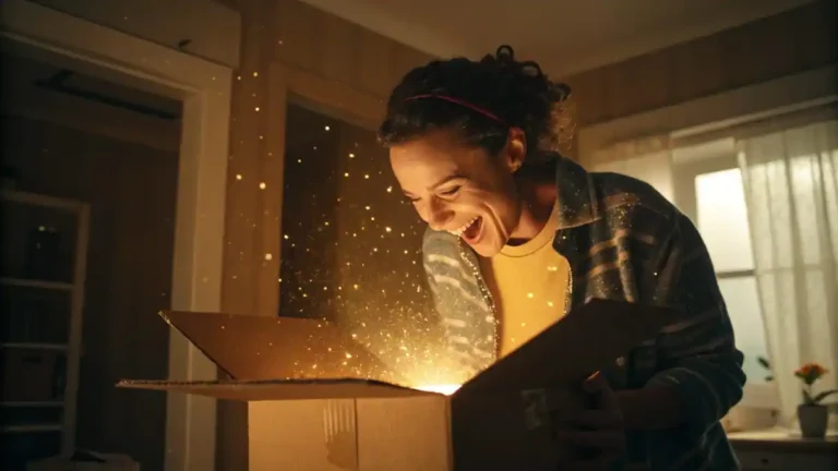 Cliente con cara de sorpresa feliz al abrir un paquete del que sale una luz dorada, simbolizando una excelente experiencia post-venta que genera fidelización.