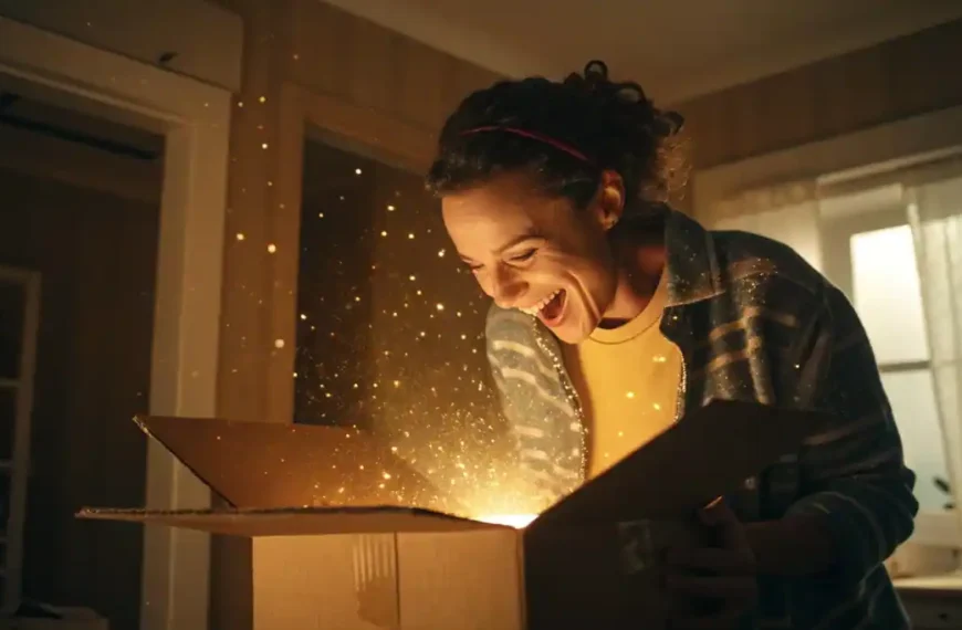 Cliente con cara de sorpresa feliz al abrir un paquete del que sale una luz dorada, simbolizando una excelente experiencia post-venta que genera fidelización.