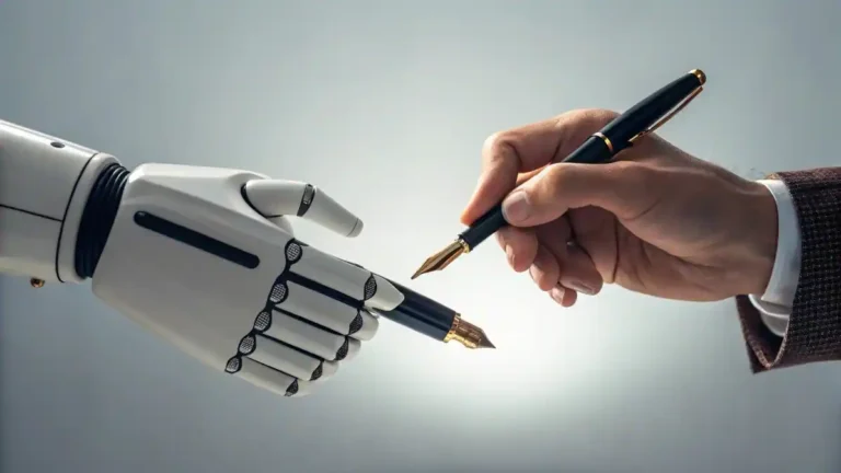 Una mano humana ofreciendo una pluma a una mano robÃ³tica, simbolizando la combinaciÃ³n de la inteligencia artificial con la conexiÃ³n humana en los negocios.