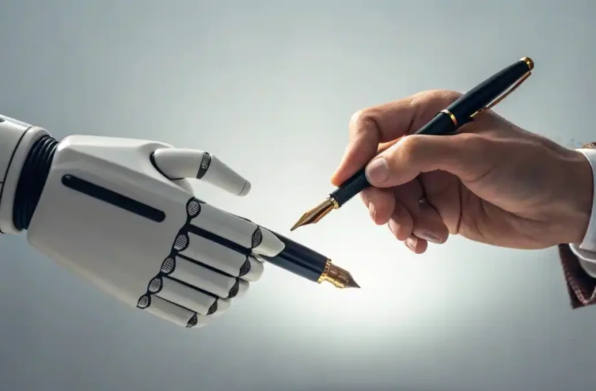 Una mano humana ofreciendo una pluma a una mano robótica, simbolizando la combinación de la inteligencia artificial con la conexión humana en los negocios.