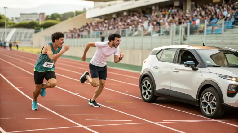 os corredores en una pista. Uno, enfocado en su técnica de carrera. El otro, subiéndose a un vehículo eléctrico que apareció de la nada en su carril. Simboliza competir en dos ligas diferentes).