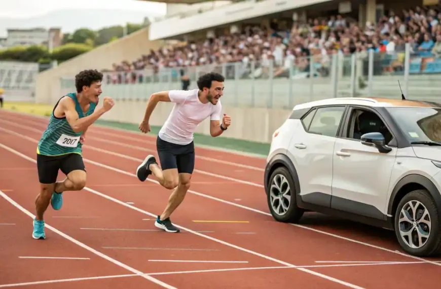 os corredores en una pista. Uno, enfocado en su técnica de carrera. El otro, subiéndose a un vehículo eléctrico que apareció de la nada en su carril. Simboliza competir en dos ligas diferentes).