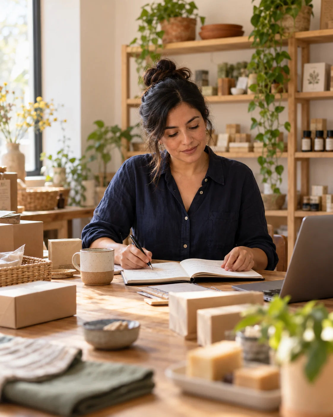 Escena editorial de una empresaria que organiza pedidos y revisa su planificación en un pequeño estudio de productos.